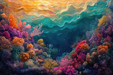 Poster - Vibrant underwater scene showcasing a colorful coral reef teeming with diverse marine life under a rippling ocean surface.