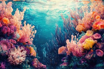 Poster - Vibrant coral reef scene underwater, showcasing diverse colorful corals and seaweed.