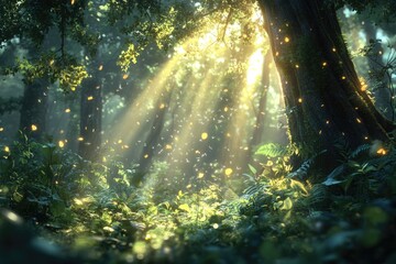 Poster - Magical sunlit forest scene with fireflies and falling leaves, enchanting atmosphere.