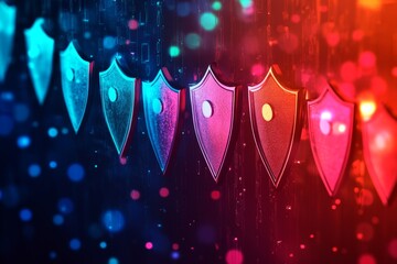 Poster - A vibrant and colorful representation of shield icons symbolizing security and protection against digital threats, set against a dynamic abstract background.