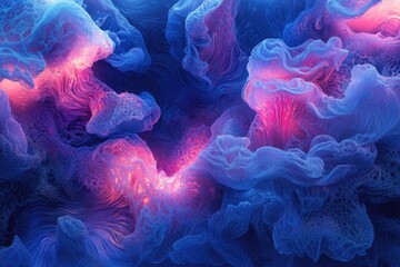 Poster - Abstract art depicting vibrant, swirling, coral-like formations in shades of blue and pink.