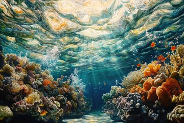 Poster - Vibrant underwater scene showcasing a thriving coral reef with diverse fish and sunlight filtering through the water.