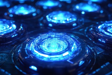 Poster - Vibrant blue glowing circles with intricate details on a dark surface create a mesmerizing futuristic design suitable for technology and innovation themes.
