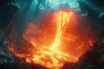 Aufkleber - Molten lava flows like a fiery waterfall into a dark, cavernous underworld, illuminated by ethereal light.