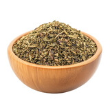 dried Italian herbs in a wooden bowl. Used in meat, chicken, fish and vegetable dishes. It has a spicy flavor. Isolated on a white background
