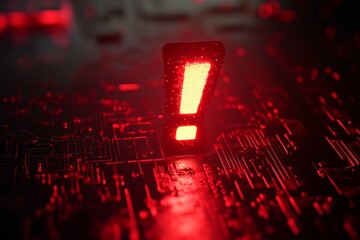 Poster - A glowing red exclamation mark stands prominently above a dark circuit board, conveying a sense of alert and urgency in a modern technological setting.