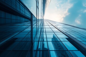 Poster - Modern Skyscraper With Glass Facade Reflecting Clouds in Urban Cityscape