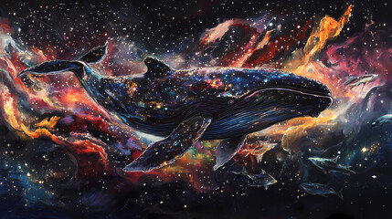 Wall Mural - Majestic celestial whale drifting through boundless starry cosmos with mesmerizing bioluminescent glow. surreal galactic whale. illustration. Boundless - Ocean. Illustration