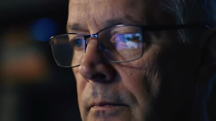 Poster - Adult Caucasian man in glasses looking at computer screen in dark room. Blue light reflection. Night work concept. Digital lifestyle for banner, website header with copy space