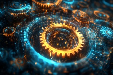 Poster - this image showcases intricate gears and cogs illuminated in vibrant blue and orange light, represen