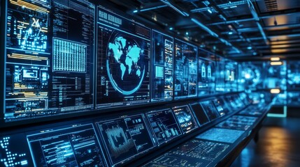 Futuristic Technology Control Panel with Global Data Visualization