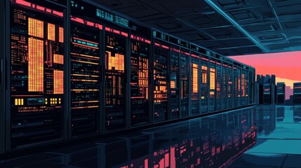 Poster - A computer server room with many servers and a sunset in the background. The room is lit up with a warm orange glow, creating a cozy and inviting atmosphere