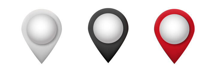 Poster - Three simple map markers in white, black, and red. each marker has a circular shape with a glossy center.
