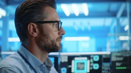 Poster - Professional Caucasian male adult in glasses working at modern technology office. Corporate IT specialist monitoring digital screens. Business technology concept for banner with copy space