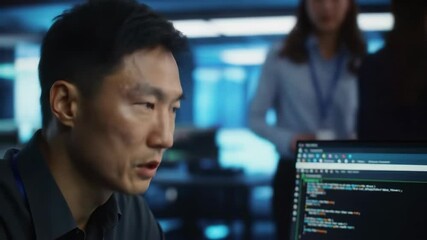 Poster - Asian male programmer coding at night office. Professional software developer working on computer. Technology, cybersecurity, data center concept for digital business with copy space