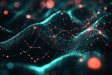 Poster - Vibrant abstract image showcasing flowing digital waves illuminated by bright dots and intricate connecting lines, creating a futuristic atmosphere.