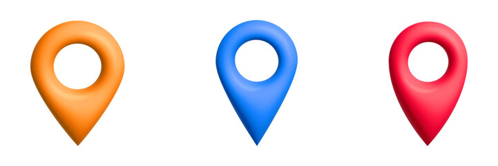 Poster - Three colorful map pins are aligned in a row, each with a distinct color and glossy appearance.