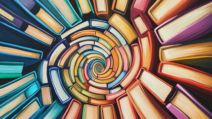 Wall Mural - a colorful circle of closed books, arranged in a radiating pattern, suggesting the infinite possibil