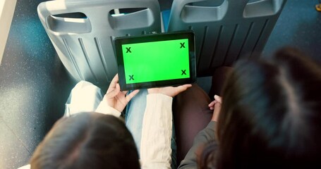Poster - Travel, bus and girls with tablet, green screen and internet with mockup space. Above, friends and passenger in vehicle, technology and tracking markers with digital app, network and communication
