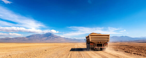 heavy-duty truck transporting sand across a wide desert landscape under a bright blue sky with dista