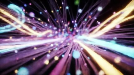 Poster - Dynamic colorful light streaks explosion in space. Abstract cosmic energy burst with neon rays and particles. Futuristic galactic motion background for sci-fi projects with copy space