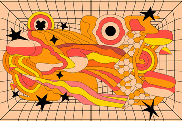 Poster - Vibrant abstract illustration combining warm oranges, pinks, and yellow with playful geometric shapes.