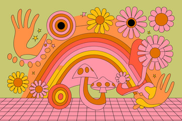 Poster - Vibrant retro-inspired artwork featuring colorful flowers, mushrooms, and hands with a pastel palette