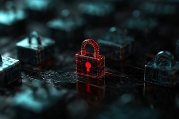 Poster - A collection of glowing blue neon locks is juxtaposed with a singular, exceptional red lock, representing the contrast between robust online digital security and a weakness in computer security
