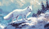 A polar fox with a snowy white coat blending into an arctic landscape