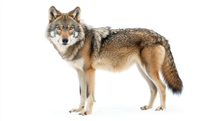  A pair of wolves standing side by side, their fur blending with the snowy landscape, on a white isolated background