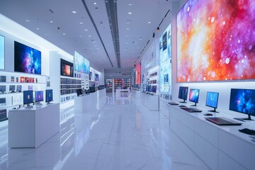 Poster - Consumer electronics showroom with sleek design. Tech displays patterns. some devices laptops, PCs, lcd on display, 32k Resolution