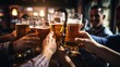 © LoomStock - Beer Toasting. Group of Friends Toasting Beer in a Pub. Celebrating with Cheers and Clinking Glasses. Social Gathering Concept on Background with Copy Space.
