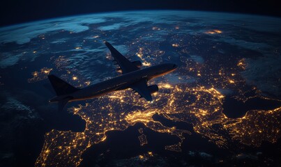 Wall Mural - commercial airplane flies over an illuminated global map at night
