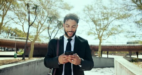 Poster - Business, outdoor and man with cellphone, typing and legal aid with communication. Person, lawyer and attorney with smartphone, email notification or connection with digital app or message to contact