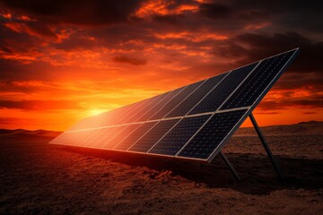Solar Panel Array on Mars-like Planetscape Under Fiery Orange Sunset