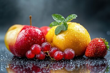 Poster - Fresh fruits including apples, grapes, strawberries, and lemons with water droplets on a dark surface. Generative AI
