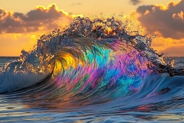 Poster - Stunning Rainbow Ocean Wave Sunset Dramatic Nature Photography Vibrant Colors Iridescent Water Scene Peaceful Seascape Powerful Wave Energy Tropical  