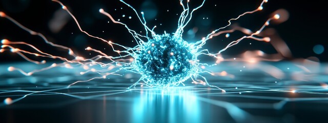 Poster - Glowing Blue Sphere with Energy Streams in Dark Space