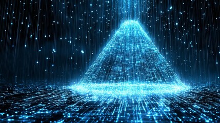 Poster - Glowing Blue Pyramid Digital Rain Abstract Art