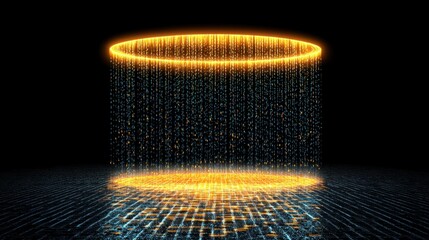 Poster - Glowing Golden Ring Emitting Shimmering Particles on Dark Gridded Surface