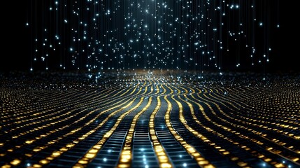 Poster - Abstract Futuristic Digital Landscape with Glowing Gold and Blue Lines