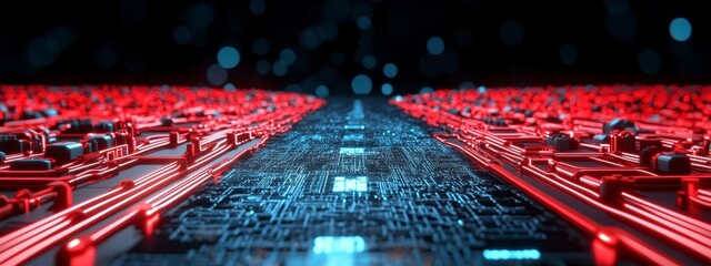 Poster - Abstract Red and Blue Digital Circuit Board Landscape
