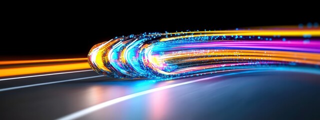 Poster - Dynamic Abstract Energy Trail Blue, Orange, and Purple Light Streaks on Dark Background