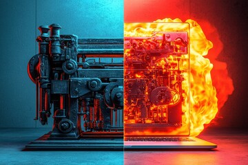 Poster - Striking visual contrast showcasing an old machine with blue tones versus a laptop engulfed in fiery red light, representing technology's past and present evolution.
