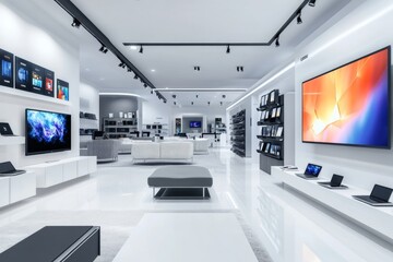 Poster - Consumer electronics showroom with sleek design. Tech displays, monitors show vivid colors, patterns. some devices like laptops, PCs on display, 32k Resolution