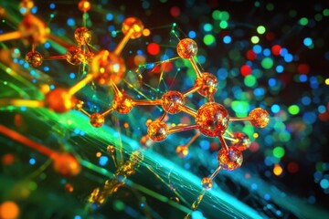 Poster - Molecular structure illuminated in vibrant colors against a blurred background