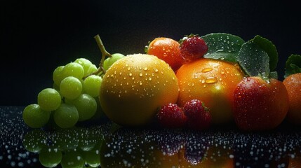 Aufkleber - Fresh fruits glistening with droplets of water on a dark surface ready to be enjoyed. Generative AI