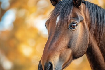 Poster - Close up of a brown horse with a shiny coat against a blurred autumn background showcasing beautiful foliage. Generative AI