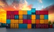 © byakuyaai - Colorful Shipping Containers Stacked High at Sunset: Global Trade and Logistics