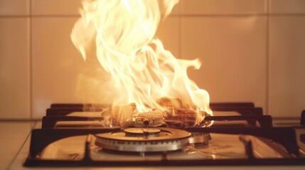 Poster - Gas flame ignites on stove while cooking dinner in a modern kitchen against a clean white background